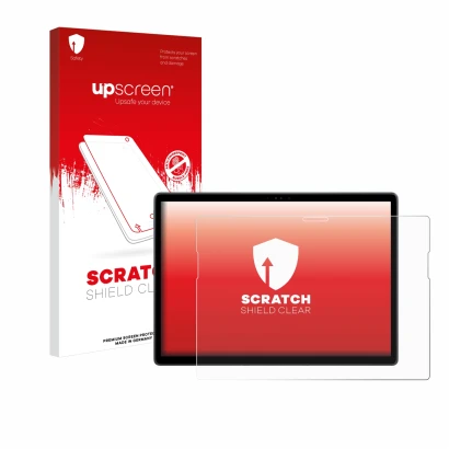 Face avant d’un emballage produit avec le logo de la marque upscreen. À côté, l’appareil Dell Latitude 7350 Detachable est rep