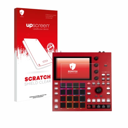 Face avant d’un emballage produit avec le logo de la marque upscreen. À côté, l’appareil Akai MPC One+ est représenté avec la
