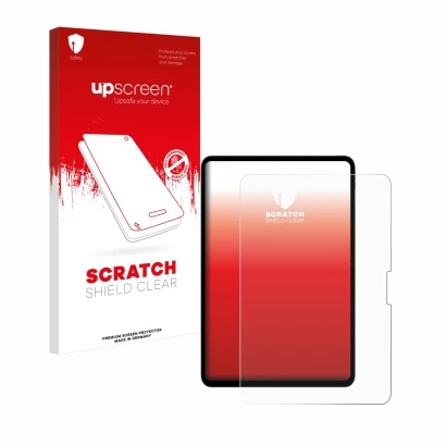 Face avant d’un emballage produit avec le logo de la marque upscreen. À côté, l’appareil Apple iPad Pro 13" 2024 est représent