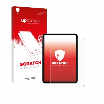 Face avant d’un emballage produit avec le logo de la marque upscreen. À côté, l’appareil Apple iPad Pro 11" 2024 est représent