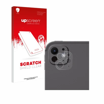 Face avant d’un emballage produit avec le logo de la marque upscreen. À côté, l’appareil Apple iPad Pro 11" 2024 (Caméra UNIQU