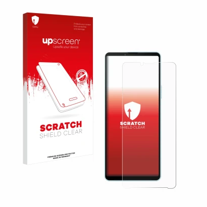 Face avant d’un emballage produit avec le logo de la marque upscreen. À côté, l’appareil Sony Xperia 10 VI est représenté avec