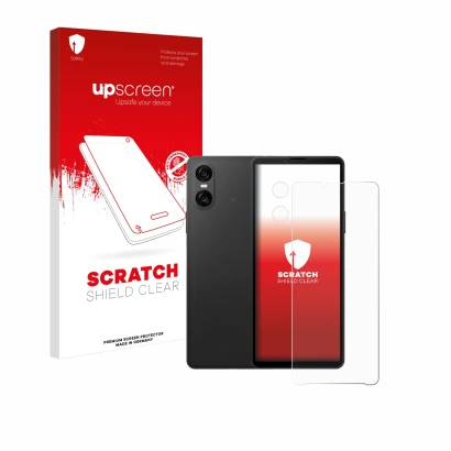Face avant d’un emballage produit avec le logo de la marque upscreen. À côté, l’appareil Sony Xperia 10 VI (Avant+Caméra) est 