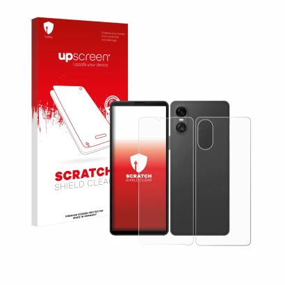 Face avant d’un emballage produit avec le logo de la marque upscreen. À côté, l’appareil Sony Xperia 10 VI (Avant+Arrière) est