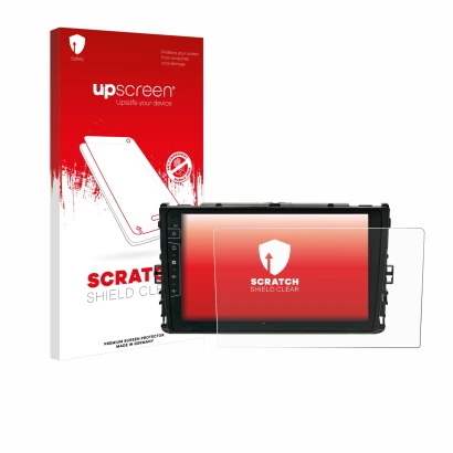 Face avant d’un emballage produit avec le logo de la marque upscreen. À côté, l’appareil Dynavin D9-T6 est représenté avec la 