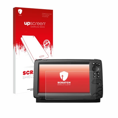 Face avant d’un emballage produit avec le logo de la marque upscreen. À côté, l’appareil Lowrance HOOK Reveal 9 est représenté