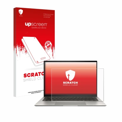 Face avant d’un emballage produit avec le logo de la marque upscreen. À côté, l’appareil ASUS ZenBook S 13 OLED UX5304 est rep