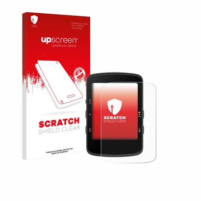 Face avant d’un emballage produit avec le logo de la marque upscreen. À côté, l’appareil Bryton Rider 460 est représenté avec