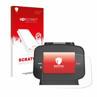 Face avant d’un emballage produit avec le logo de la marque upscreen. À côté, l’appareil PowaKaddy FX7 GPS 3.5" est représenté