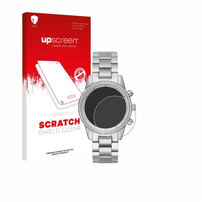 Face avant d’un emballage produit avec le logo de la marque upscreen. À côté, l’appareil Michael Kors Ritz MK6428 est représen