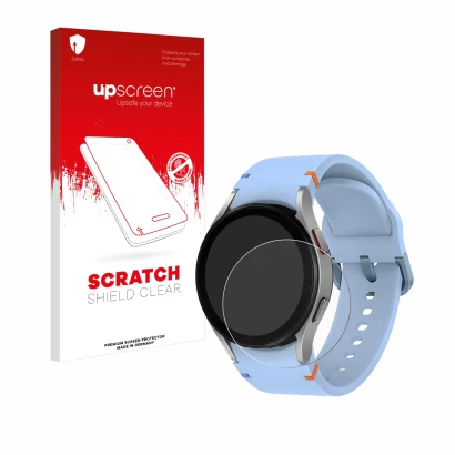 Face avant d’un emballage produit avec le logo de la marque upscreen. À côté, l’appareil Samsung Galaxy Watch FE est représent