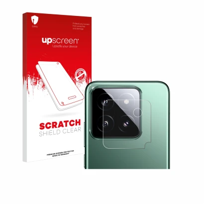 Face avant d’un emballage produit avec le logo de la marque upscreen. À côté, l’appareil Xiaomi 14 (Caméra UNIQUEMENT) est rep