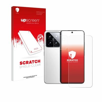 Face avant d’un emballage produit avec le logo de la marque upscreen. À côté, l’appareil Xiaomi 14 (Avant+Caméra) est représen