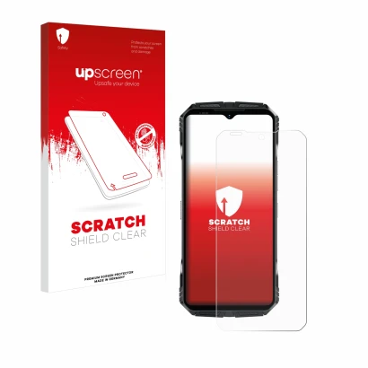 Face avant d’un emballage produit avec le logo de la marque upscreen. À côté, l’appareil Doogee S118 est représenté avec la pr