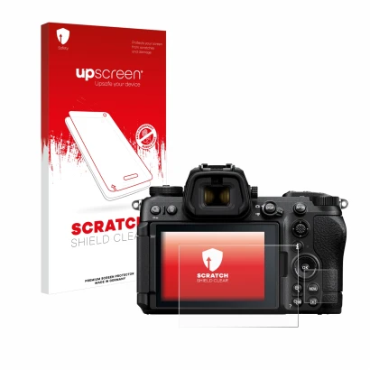 Face avant d’un emballage produit avec le logo de la marque upscreen. À côté, l’appareil Nikon Z6 III est représenté avec la p