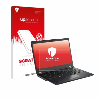 Face avant d’un emballage produit avec le logo de la marque upscreen. À côté, l’appareil Fujitsu Lifebook U7410 est représenté