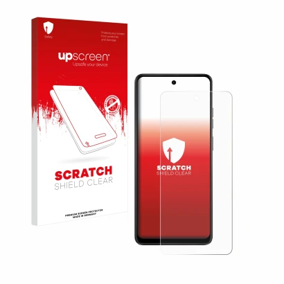 Face avant d’un emballage produit avec le logo de la marque upscreen. À côté, l’appareil Motorola Moto E14 est représenté avec