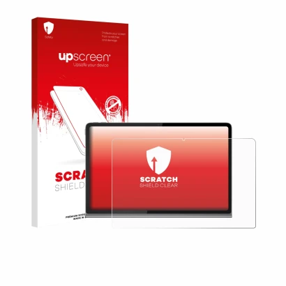Face avant d’un emballage produit avec le logo de la marque upscreen. À côté, l’appareil Lenovo Tab Plus est représenté avec l