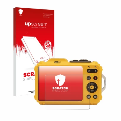Face avant d’un emballage produit avec le logo de la marque upscreen. À côté, l’appareil Kodak Pixpro WPZ2 est représenté avec