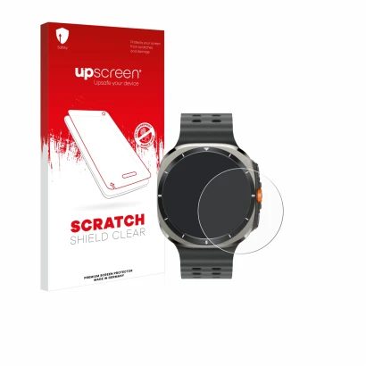 Face avant d’un emballage produit avec le logo de la marque upscreen. À côté, l’appareil Samsung Galaxy Watch Ultra (47 mm) es
