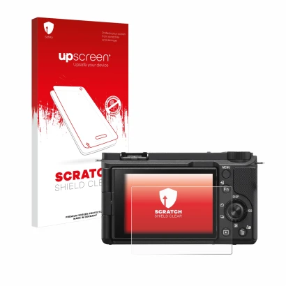Face avant d’un emballage produit avec le logo de la marque upscreen. À côté, l’appareil Sony Alpha ZV-E10 II est représenté a