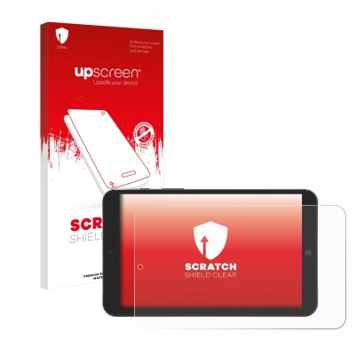 Face avant d’un emballage produit avec le logo de la marque upscreen. À côté, l’appareil Mediacom SmartPad Iyo 8 est représent