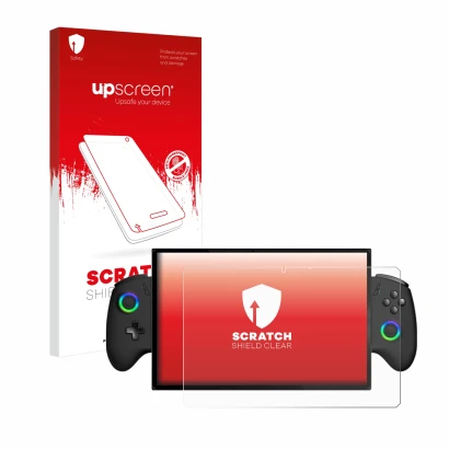 Face avant d’un emballage produit avec le logo de la marque upscreen. À côté, l’appareil OneXPlayer X1 est représenté avec la