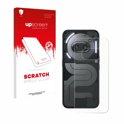 Face avant d’un emballage produit avec le logo de la marque upscreen. À côté, l’appareil Nothing Phone (2a) Plus (Arrière) est