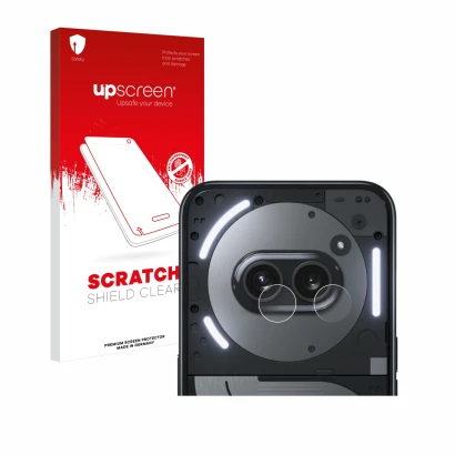 Face avant d’un emballage produit avec le logo de la marque upscreen. À côté, l’appareil Nothing Phone (2a) Plus (Caméra UNIQU