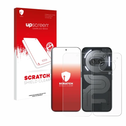 Face avant d’un emballage produit avec le logo de la marque upscreen. À côté, l’appareil Nothing Phone (2a) Plus (Avant+Arrièr