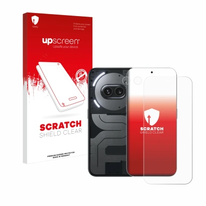 Face avant d’un emballage produit avec le logo de la marque upscreen. À côté, l’appareil Nothing Phone (2a) Plus (Avant+Caméra