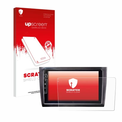 Face avant d’un emballage produit avec le logo de la marque upscreen. À côté, l’appareil Dynavin D9-DF56 9" est représenté ave