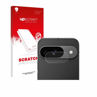 Face avant d’un emballage produit avec le logo de la marque upscreen. À côté, l’appareil Google Pixel 9 (Caméra UNIQUEMENT) es