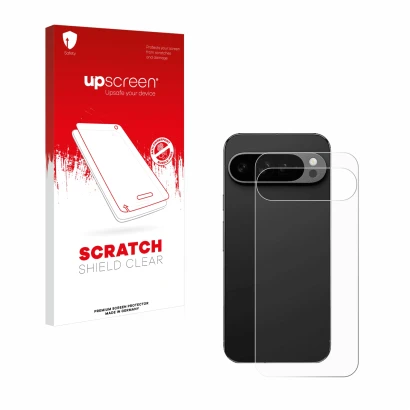 Face avant d’un emballage produit avec le logo de la marque upscreen. À côté, l’appareil Google Pixel 9 Pro XL (Arrière) est r