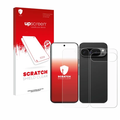 Face avant d’un emballage produit avec le logo de la marque upscreen. À côté, l’appareil Google Pixel 9 Pro XL (Avant+Arrière)