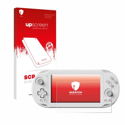 Face avant d’un emballage produit avec le logo de la marque upscreen. À côté, l’appareil AYN Odin 2 Mini est représenté avec l