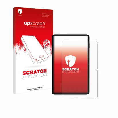 Face avant d’un emballage produit avec le logo de la marque upscreen. À côté, l’appareil Blackview Tab 18 est représenté avec 