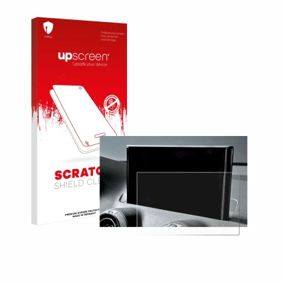 Face avant d’un emballage produit avec le logo de la marque upscreen. À côté, l’appareil Audi Q2 Facelift 2024 est représenté