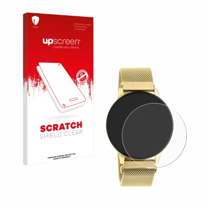 Face avant d’un emballage produit avec le logo de la marque upscreen. À côté, l’appareil Oozoo Q00121 est représenté avec la p