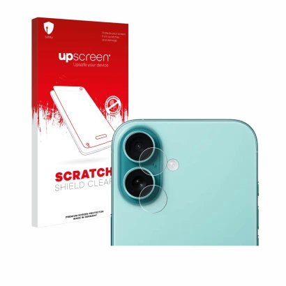 Face avant d’un emballage produit avec le logo de la marque upscreen. À côté, l’appareil Apple iPhone 16 (Caméra UNIQUEMENT) e