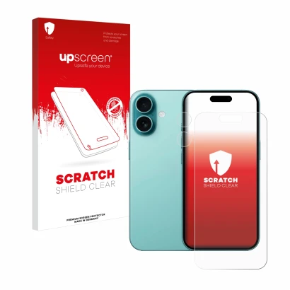 Face avant d’un emballage produit avec le logo de la marque upscreen. À côté, l’appareil Apple iPhone 16 (Avant+Caméra) est re