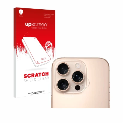 Face avant d’un emballage produit avec le logo de la marque upscreen. À côté, l’appareil Apple iPhone 16 Pro (Caméra UNIQUEMEN