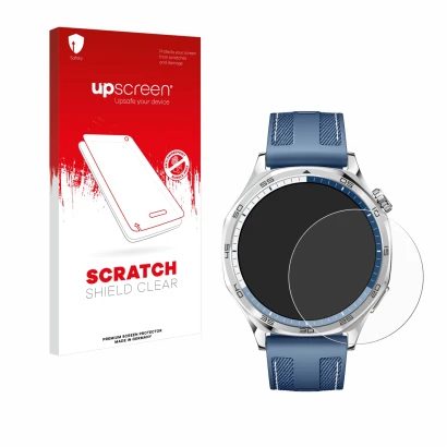 Face avant d’un emballage produit avec le logo de la marque upscreen. À côté, l’appareil Huawei Watch GT 5 (46 mm) est représe