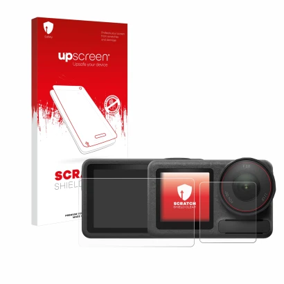 Face avant d’un emballage produit avec le logo de la marque upscreen. À côté, l’appareil DJI Osmo Action 5 Pro est représenté 