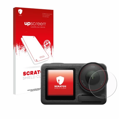 Face avant d’un emballage produit avec le logo de la marque upscreen. À côté, l’appareil DJI Osmo Action 5 Pro (Lentille) est 