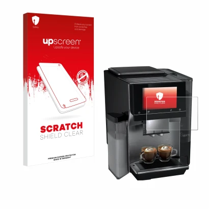 Face avant d’un emballage produit avec le logo de la marque upscreen. À côté, l’appareil Siemens EQ700 est représenté avec la