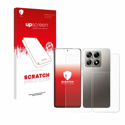 Face avant d’un emballage produit avec le logo de la marque upscreen. À côté, l’appareil Xiaomi 14T (Avant+Arrière) est représ