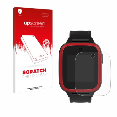 Face avant d’un emballage produit avec le logo de la marque upscreen. À côté, l’appareil Xplora Let's Go est représenté avec l