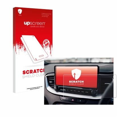Face avant d’un emballage produit avec le logo de la marque upscreen. À côté, l’appareil Kia XCeed 2024 est représenté avec la