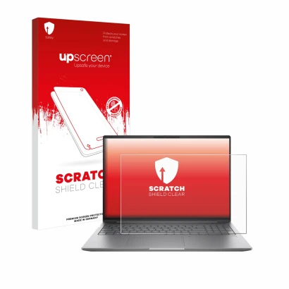 Face avant d’un emballage produit avec le logo de la marque upscreen. À côté, l’appareil HP ZBook Power 16 G11 est représenté